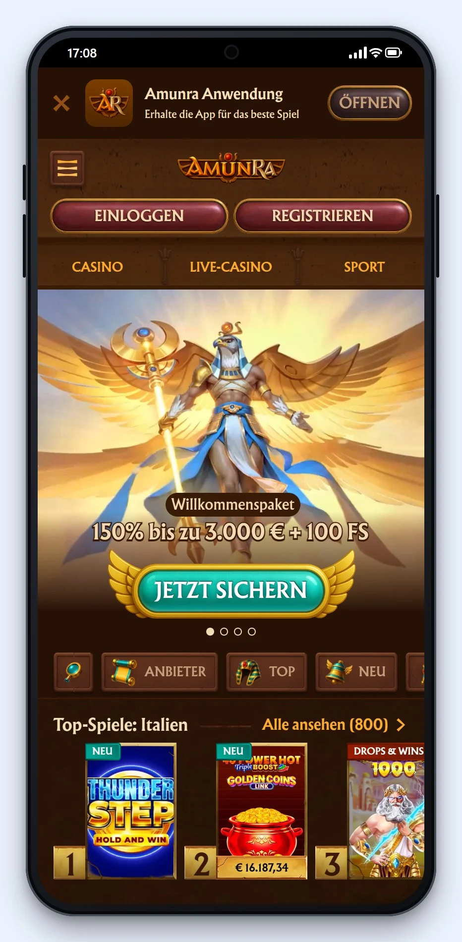 MiFinity Casino: die Startseite des Casinos AmunRa