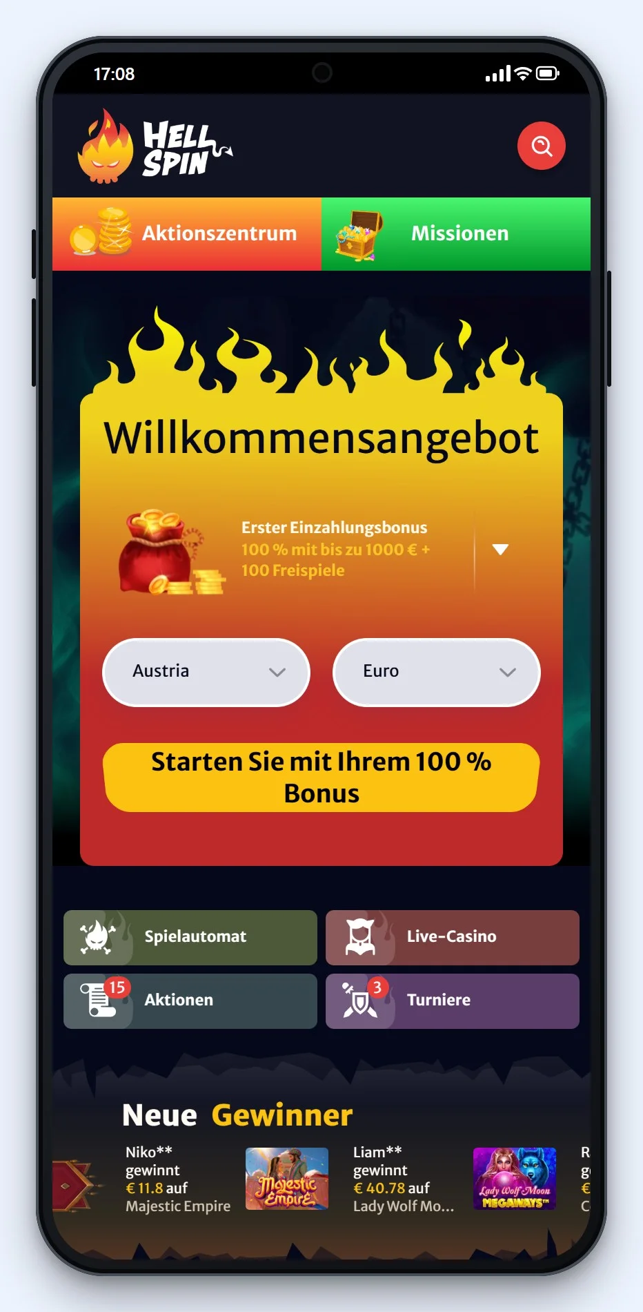 MiFinity Casinos Österreich: die Startseite des Casinos HellSpin