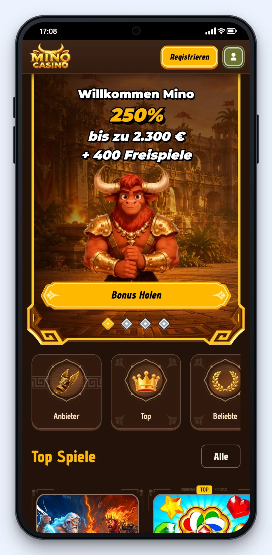 Online Casino mit MiFinity: die Lobby von Mino