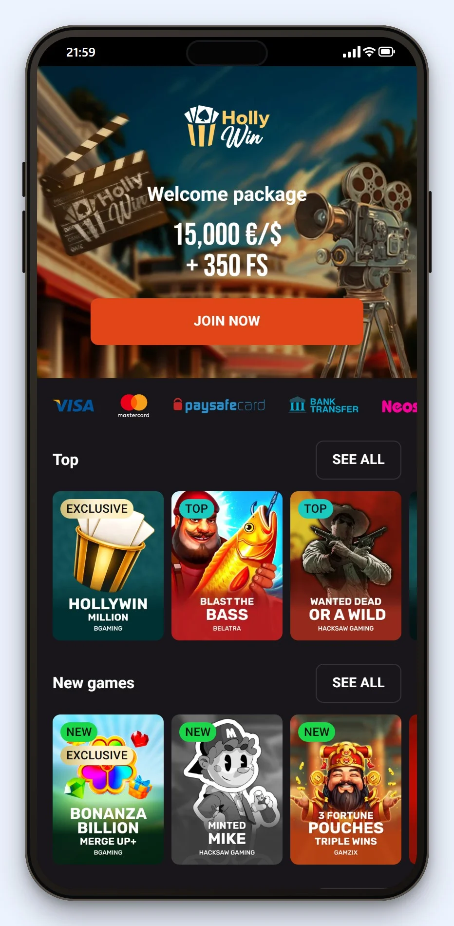 mifinity casino belgië: de homepage van casino Hollywin