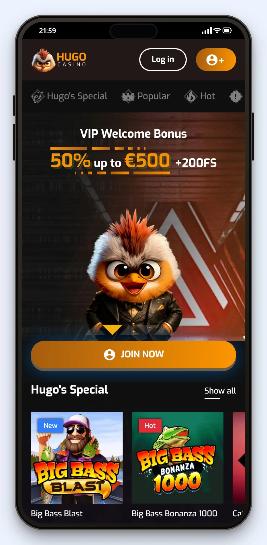mifinity online casino: de startpagina van Hugo Casino