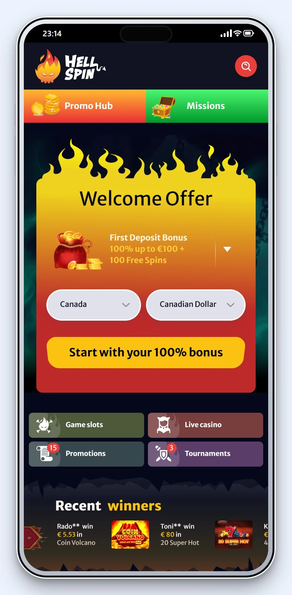 MiFinity casinos: the HellSpin casino lobby