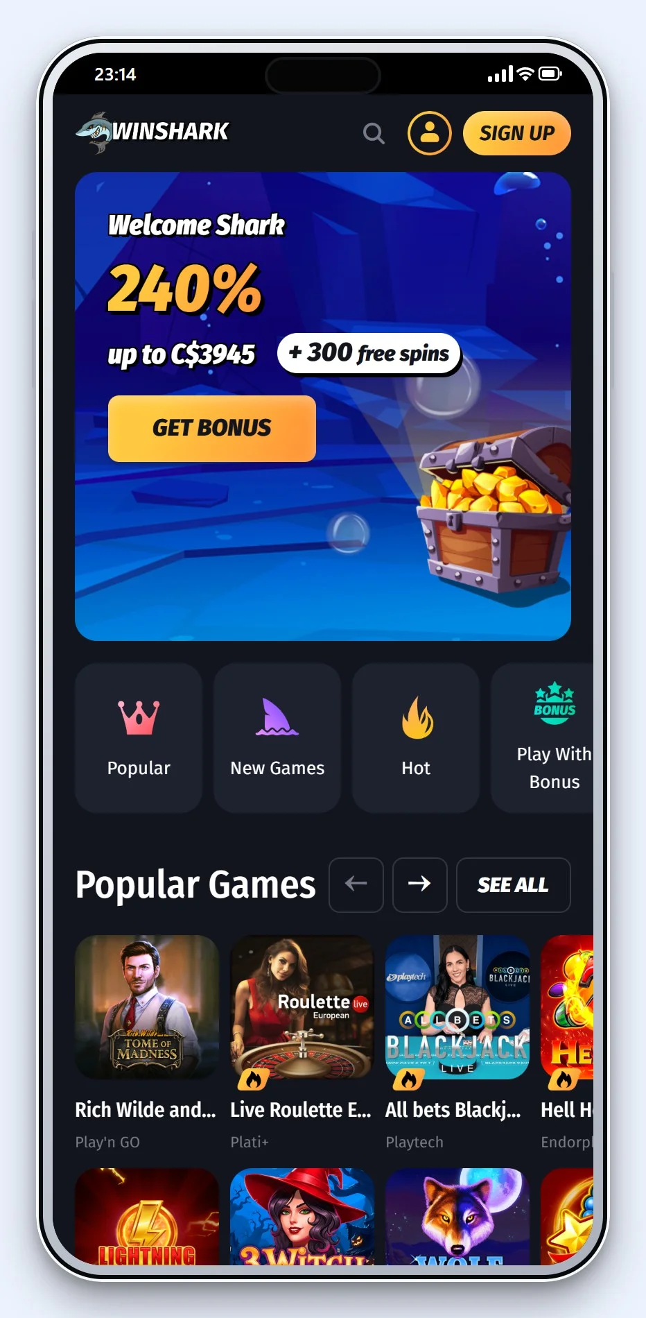 MiFinity casino: the WinShark casino lobby