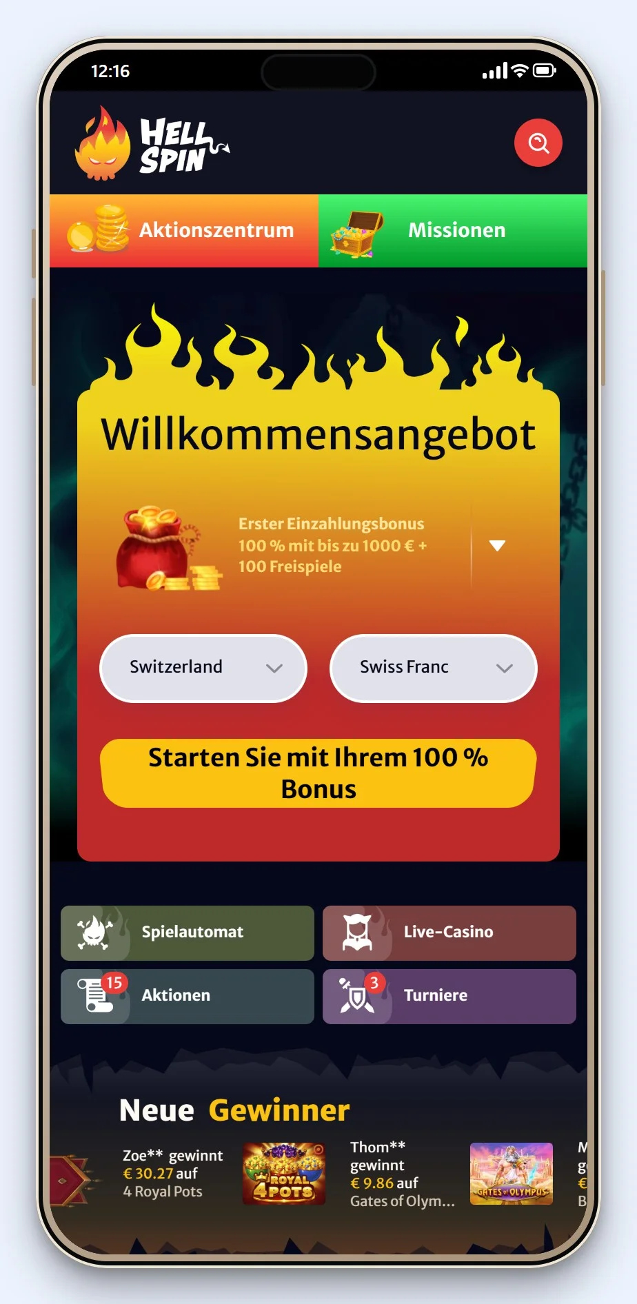 MiFinity Casino Schweiz: Startseite von HellSpin