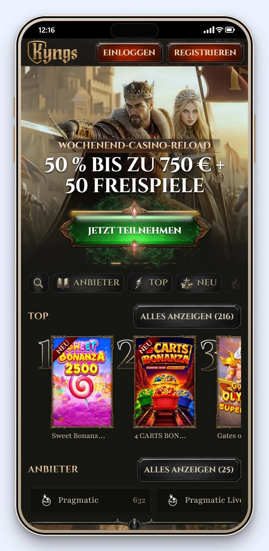 MiFinity Casinos: die Startseite des Casinos Kyngs