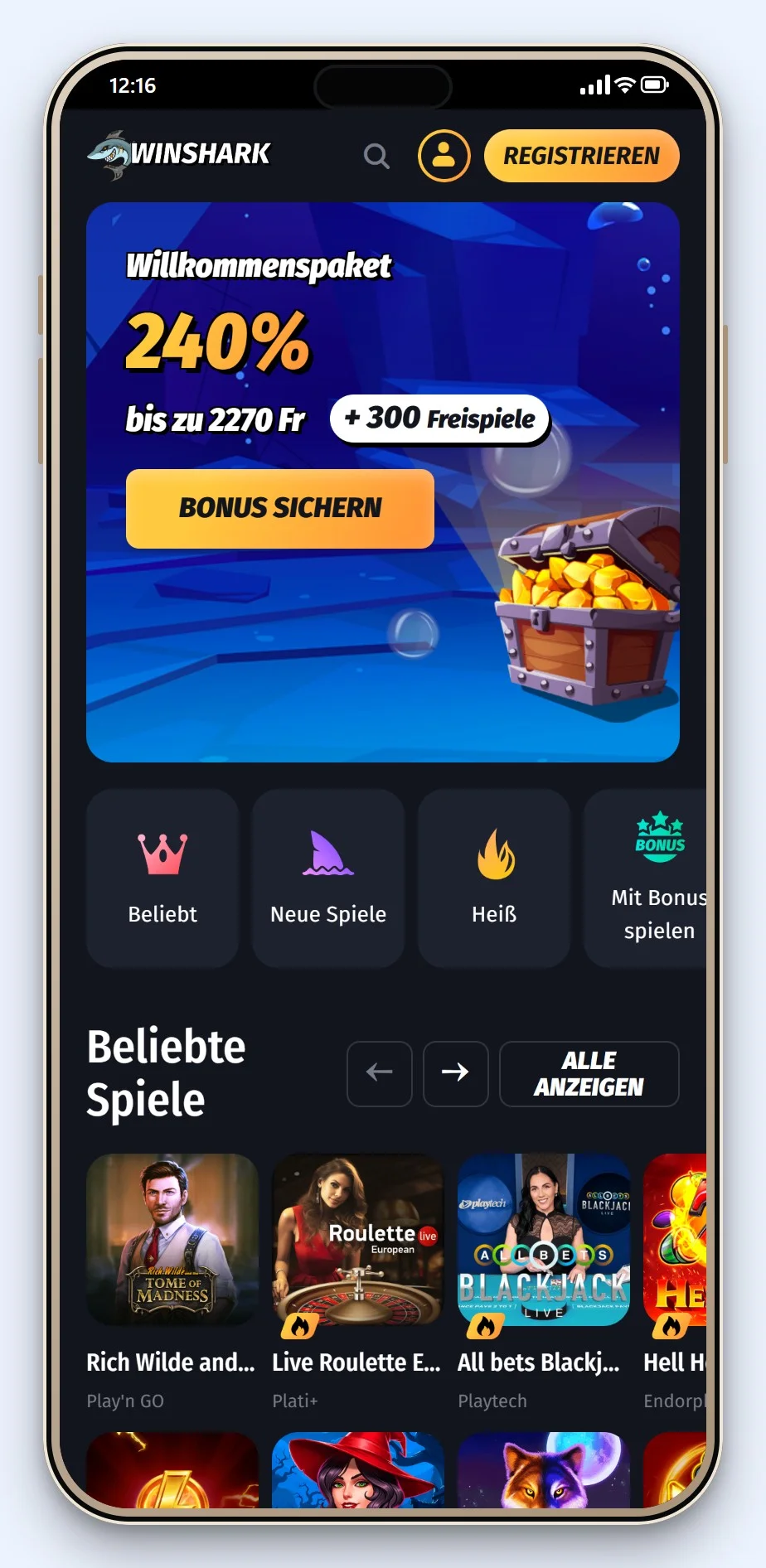 MiFinity Casino: die Startseite des Casinos WinShark