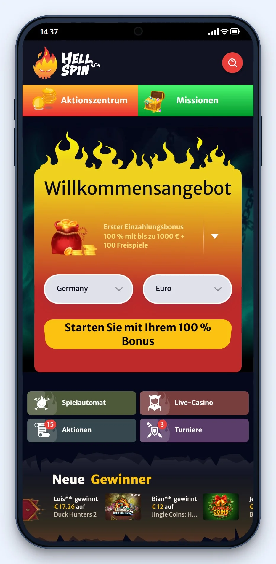 MiFinity Casino: die Startseite des Casinos HellSpin