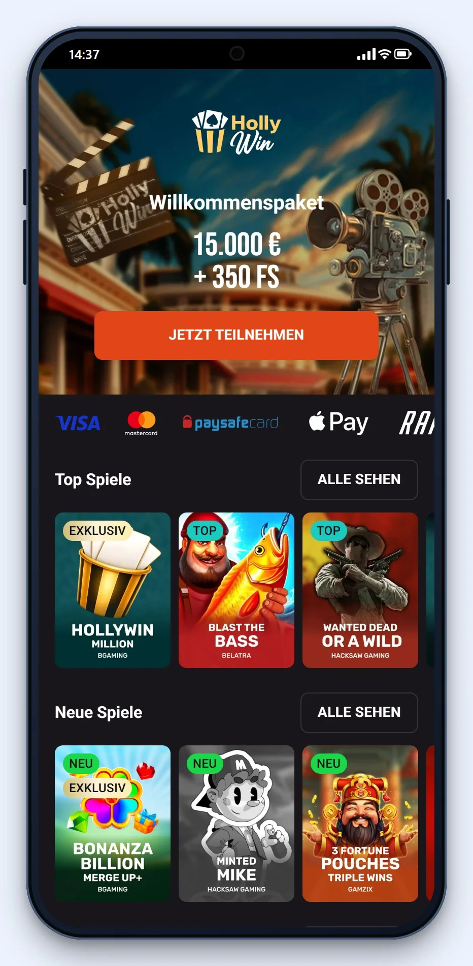 Casino MiFinity: Startseite von Hollywin