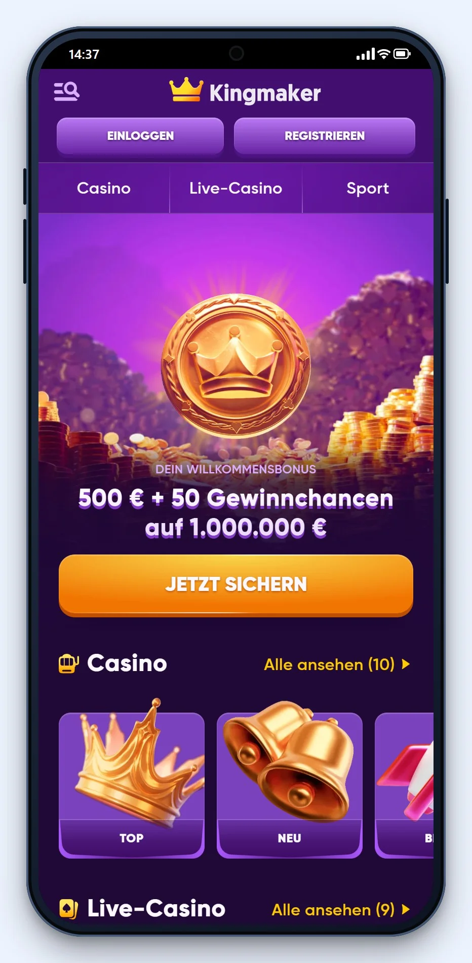 MiFinity Online Casino: die Startseite des Casinos Kingmaker