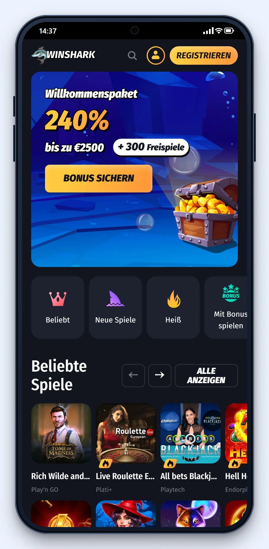 MiFinity Casinos: die Startseite des Casinos WinShark