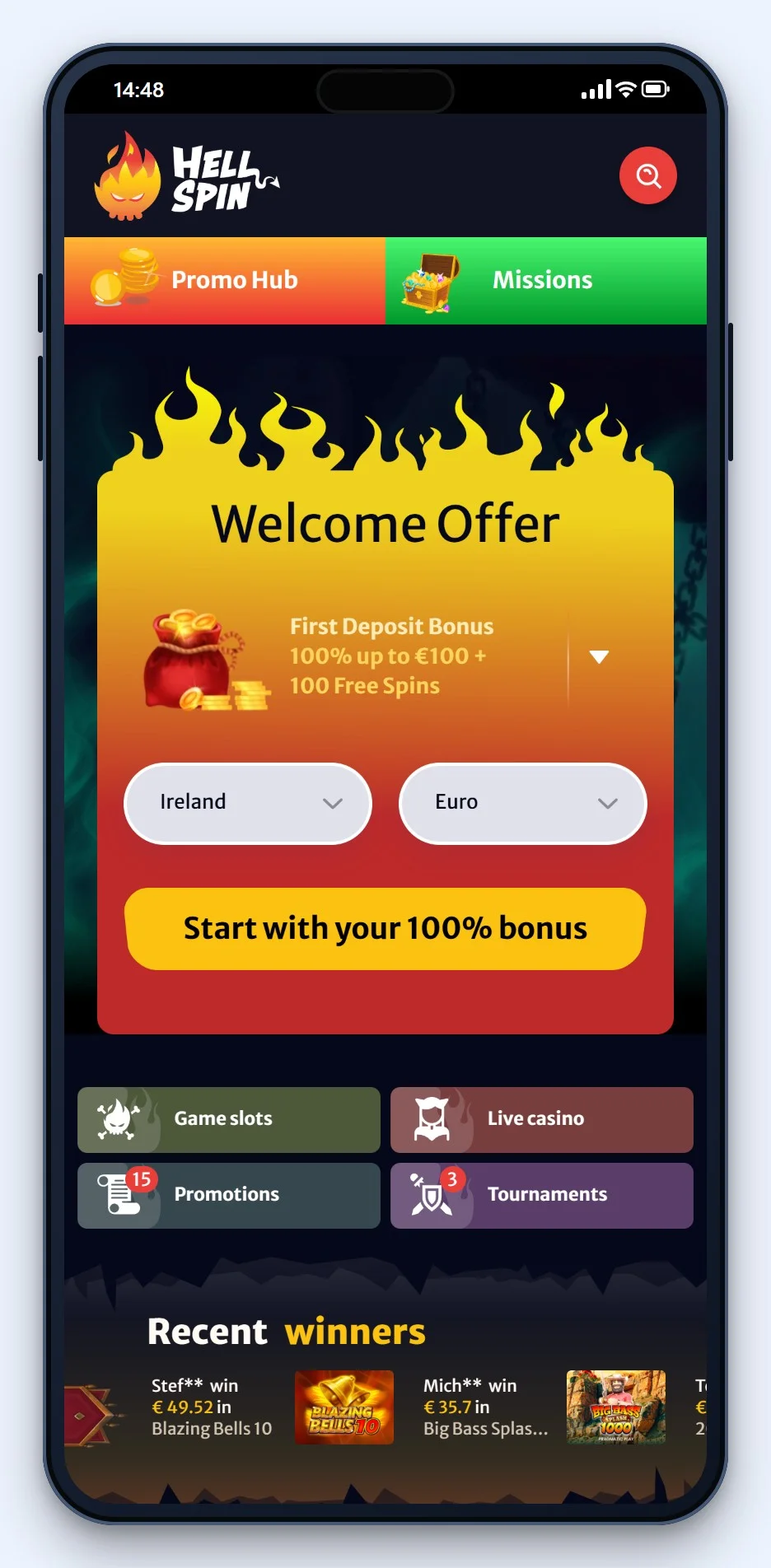 mifinity casino: the HellSpin casino lobby