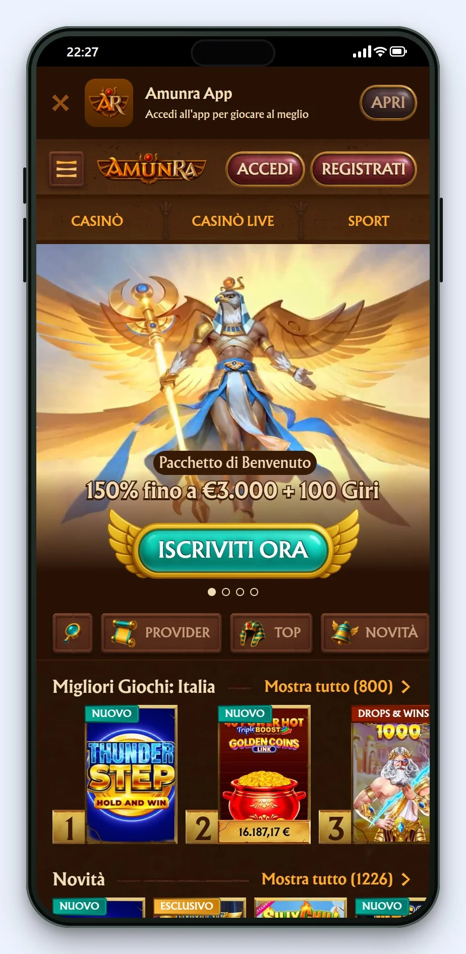 mifinity come funziona: la pagina principale di AmunRa