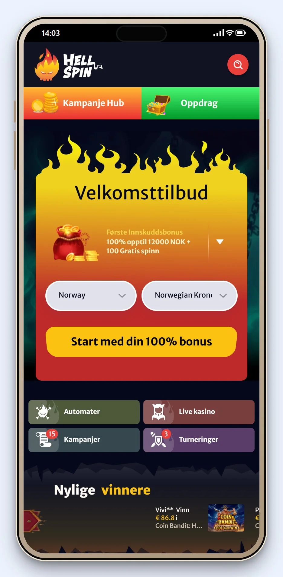 casino med MiFinity: lobbyen hos HellSpin