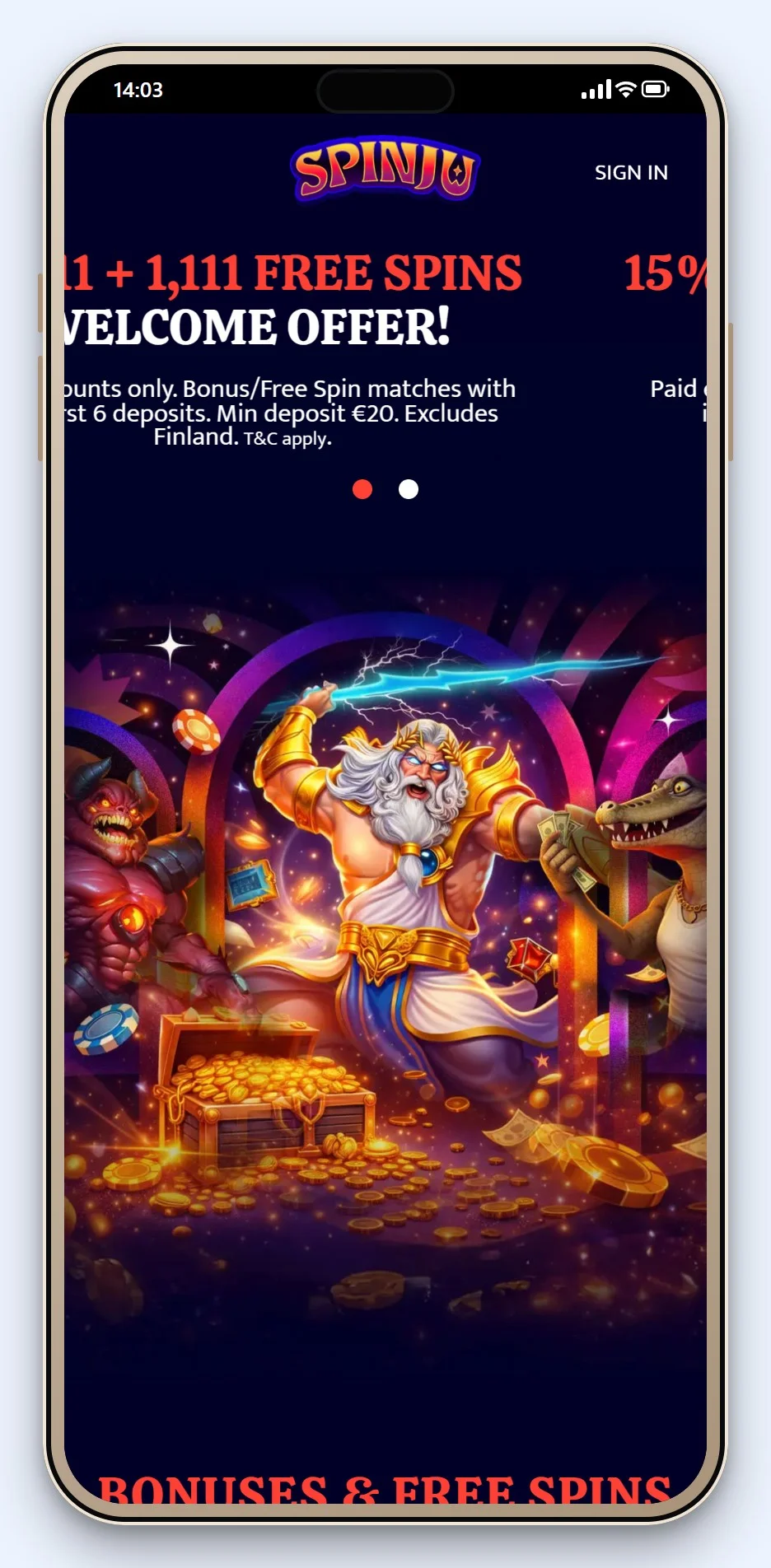 MiFinity casino Norge: forsiden til casinoet Spinju