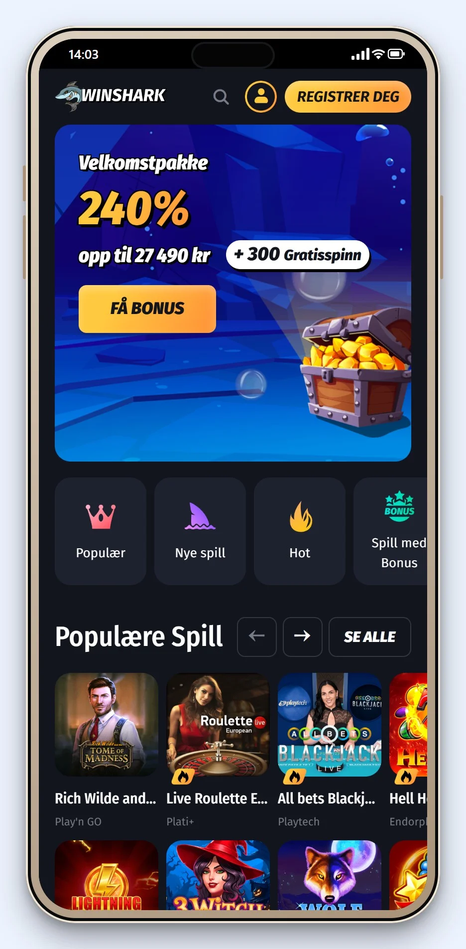 MiFinity casino: forsiden til casinoet WinShark