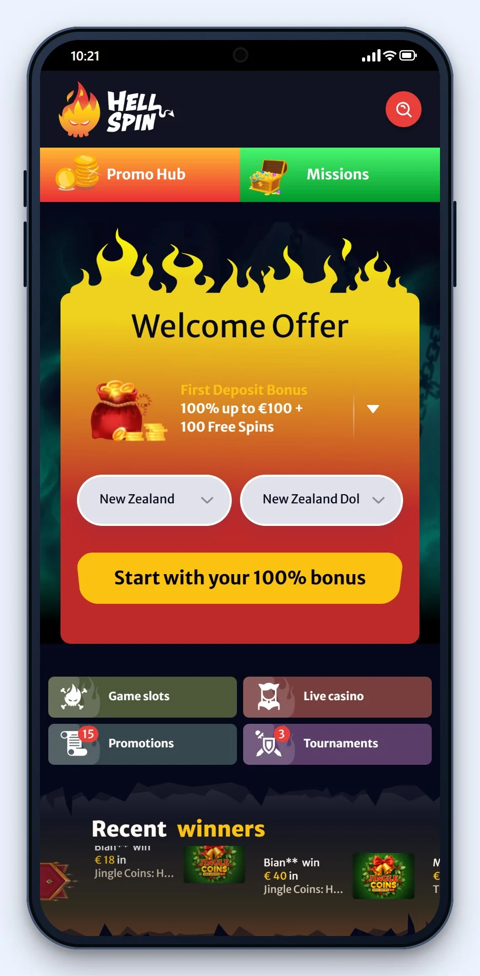 MiFinity casino NZ: the HellSpin casino lobby