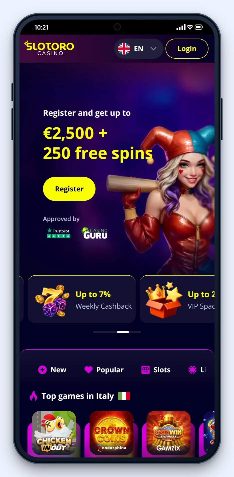 MiFinity casino: the Slotoro casino lobby