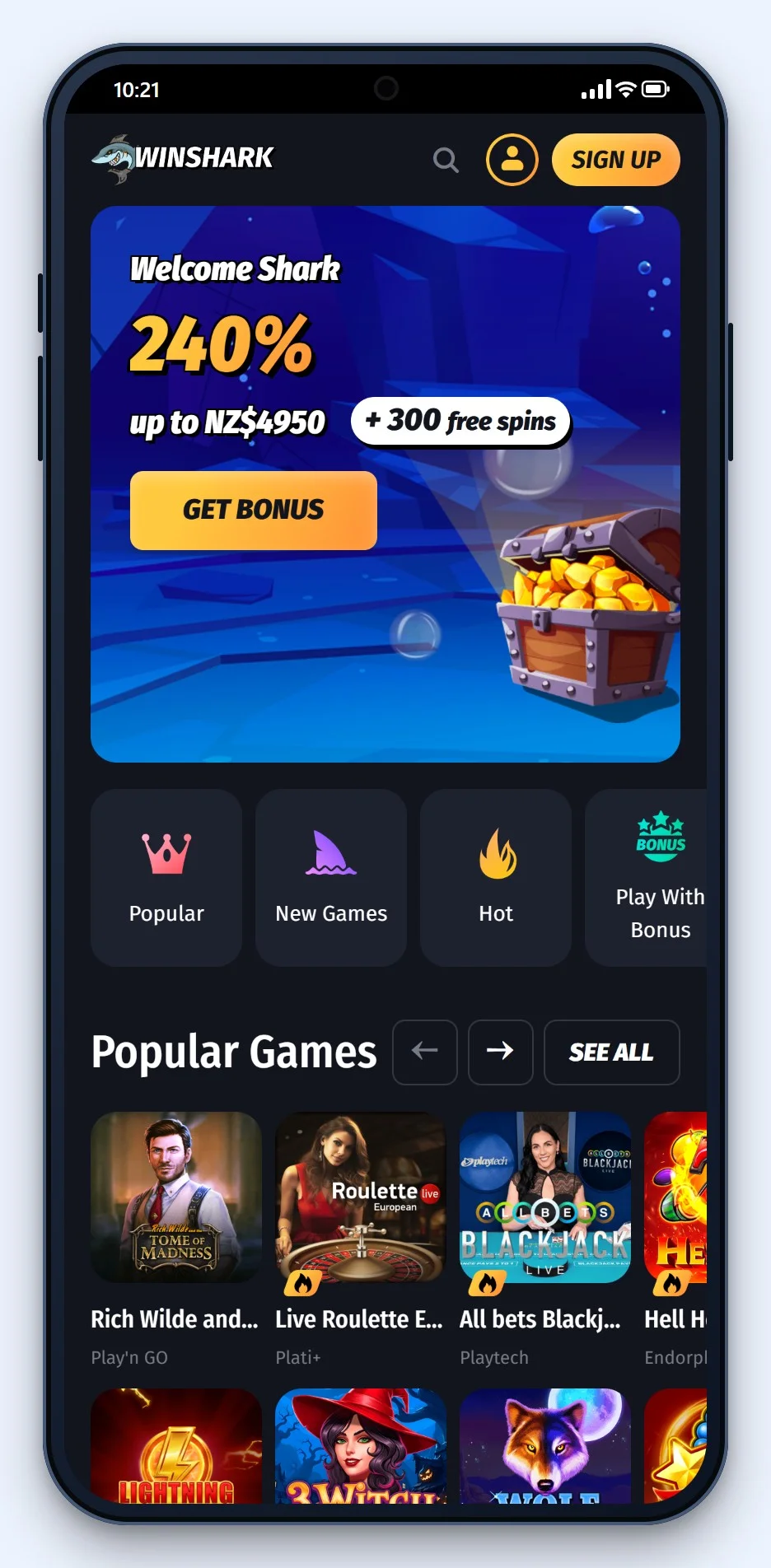 MiFinity online casino: the WinShark homepage