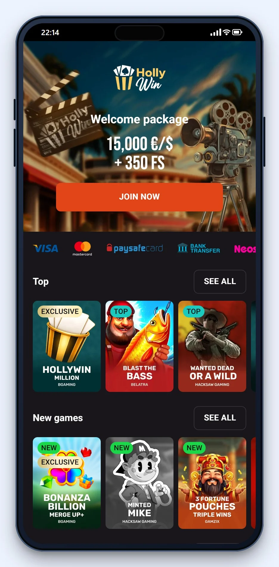 mifinity online casino: startsidan på casinot Hollywin