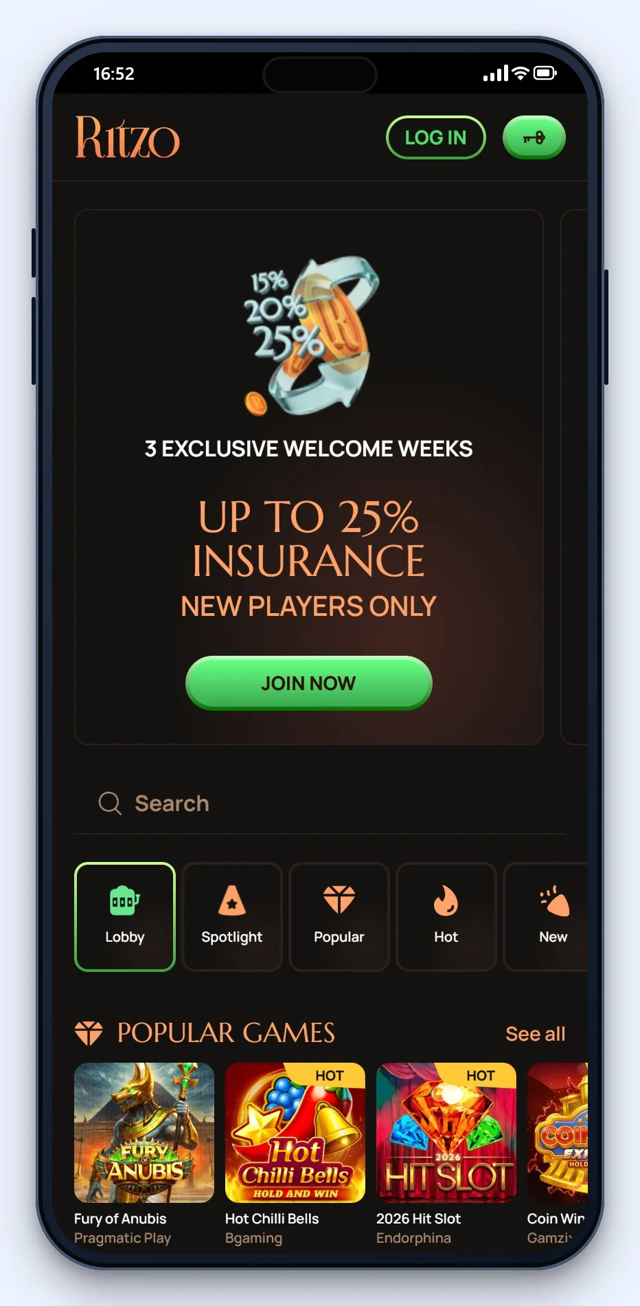 MiFinity casino payments: the Ritzo homepage